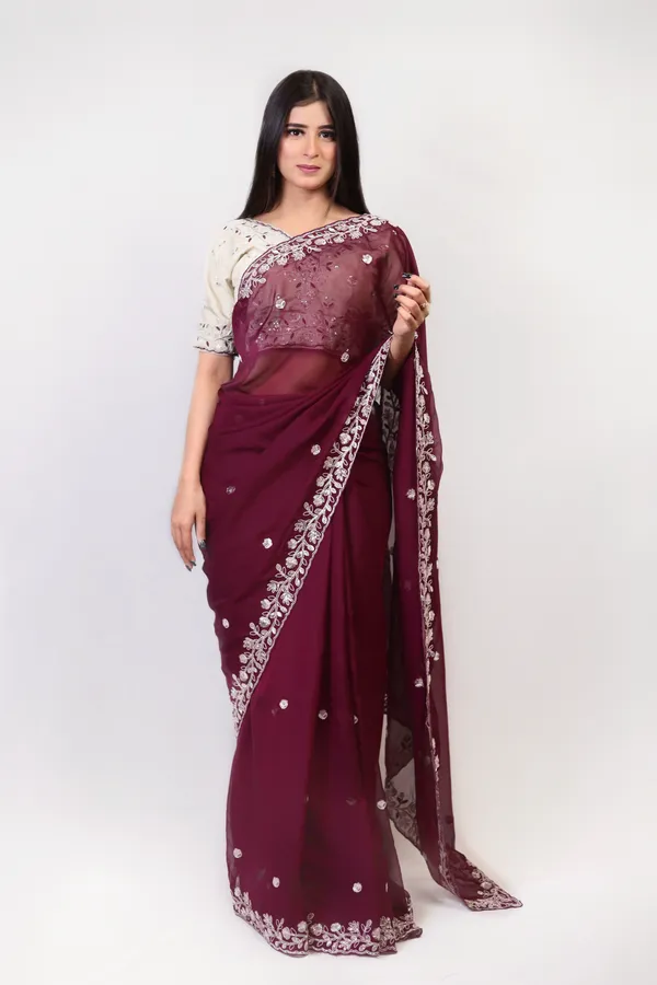 Maroon_Embroidered_Saree_With_Beige_Blouse