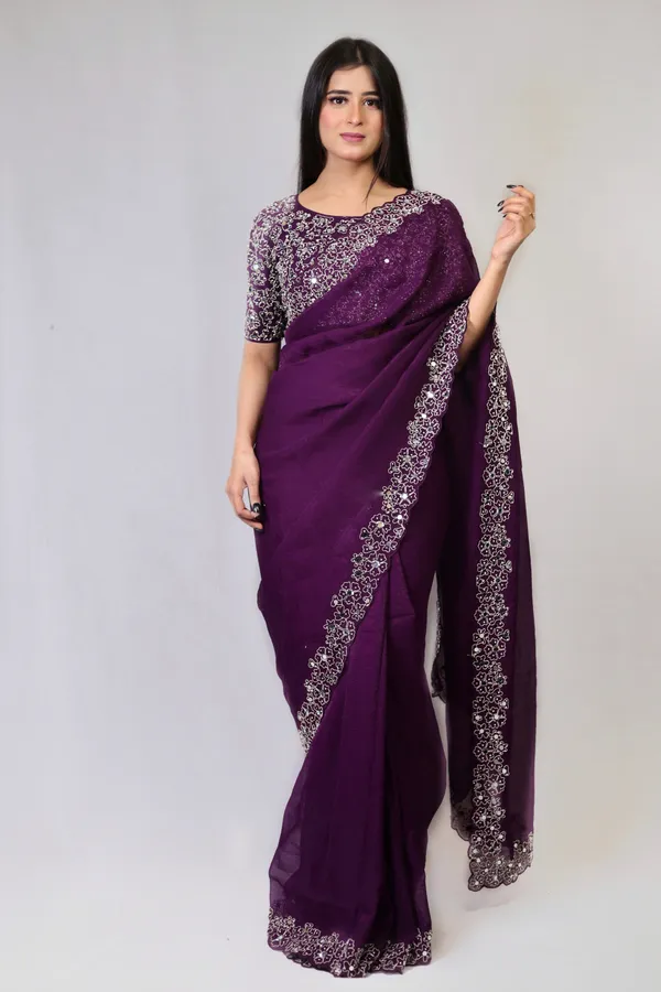 Purple_Elegant__Mirror_Embroidered_Saree_With_Intricate_Border_And_Stitched_Blouse