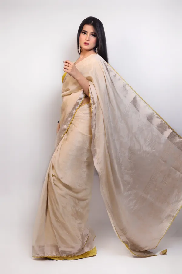Off_White_Elegant_Organza_Saree_With_Mustard_Yellow_Embellished_Blouse