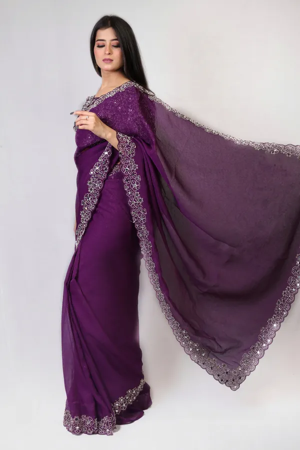 Purple_Elegant__Mirror_Embroidered_Saree_With_Intricate_Border_And_Stitched_Blouse