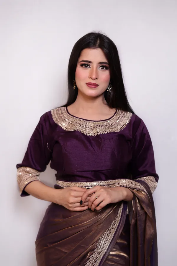 Dual_Tone_Gold_Saree_With_Embellished_Border_And_Stitched_Blouse