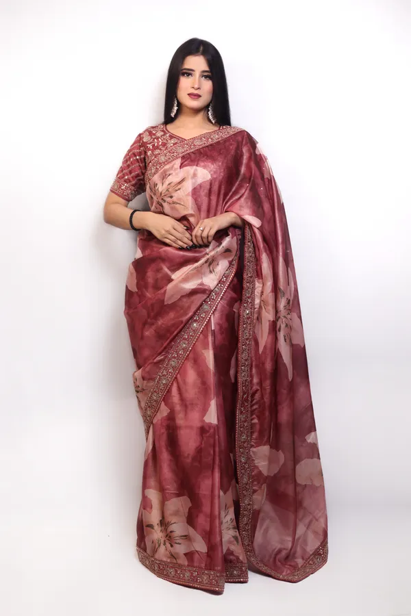 Pink_And_Gold_Elegant_Embroidered_Saree_With_Floral_Print_And_Embellished_Blouse