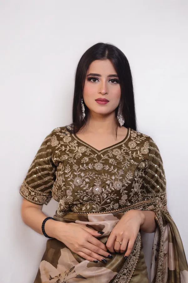 Olive_Green_Floral_Print_Saree_With_Embroidered_Blouse