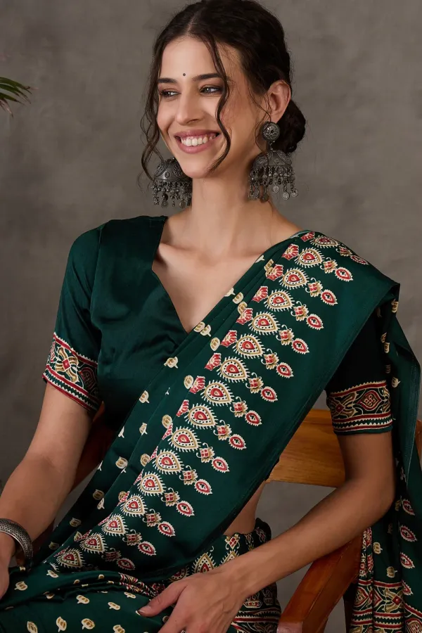 Hunter_Green_Hunter_Ajrakh_Printed_Satin_Gaji_Silk_Saree_For_Women