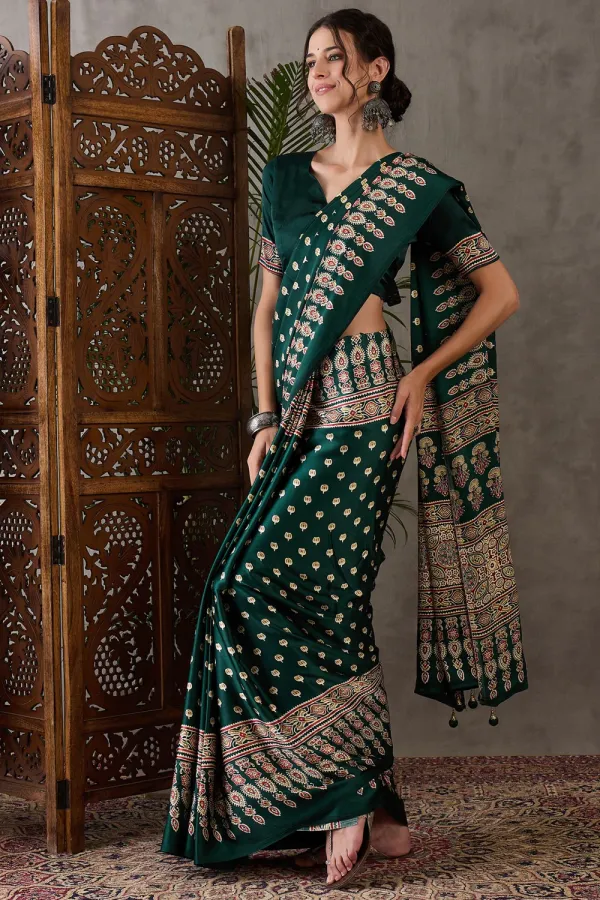 Hunter_Green_Hunter_Ajrakh_Printed_Satin_Gaji_Silk_Saree_For_Women