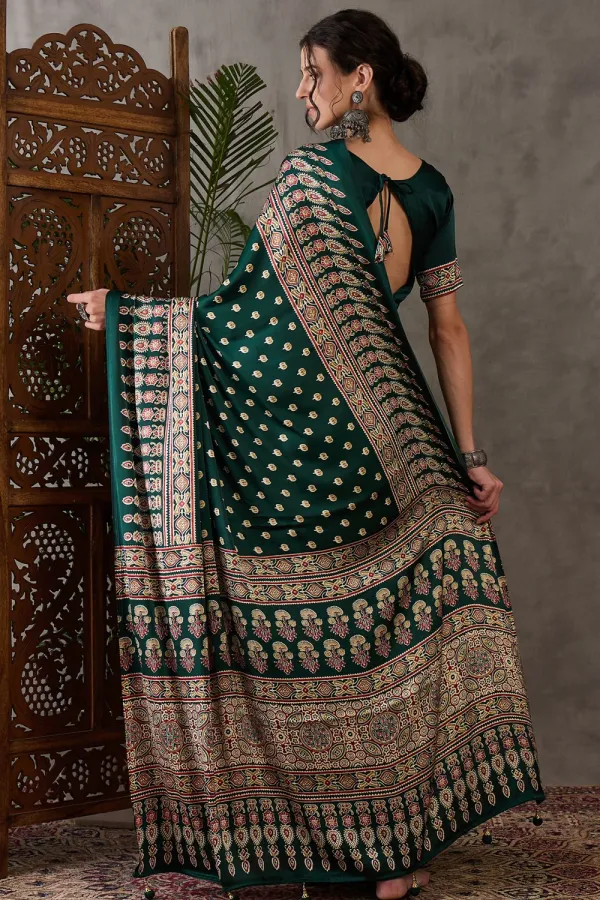 Hunter_Green_Hunter_Ajrakh_Printed_Satin_Gaji_Silk_Saree_For_Women
