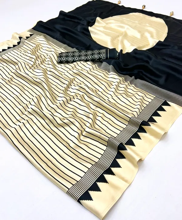 Cream_And_Black_Ajrakh_Printed_Silk_Saree_For_Women
