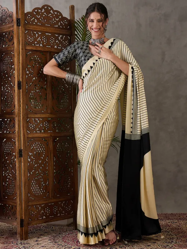 Cream_And_Black_Ajrakh_Printed_Silk_Saree_For_Women