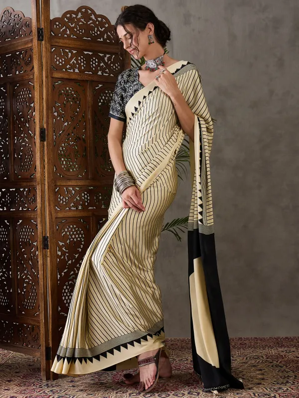 Cream_And_Black_Ajrakh_Printed_Silk_Saree_For_Women