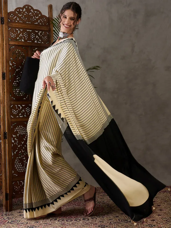 Cream_And_Black_Ajrakh_Printed_Silk_Saree_For_Women