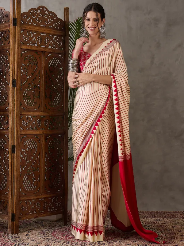 Cream_And_Red_Ajrakh_Printed_Silk_Saree_For_Women