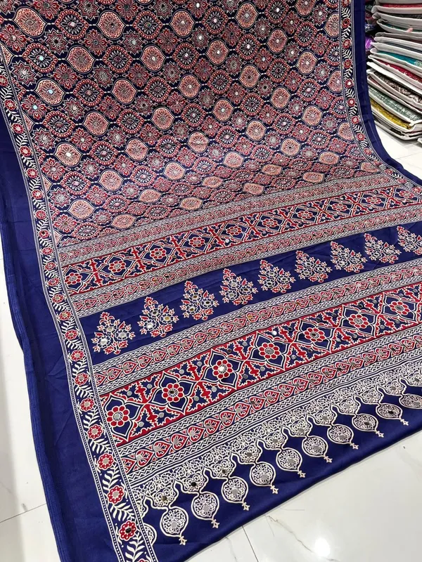 Arresting_Blue_Ajrakh_Real_Mirror_Modal_Silk_Saree_With_Blouse_