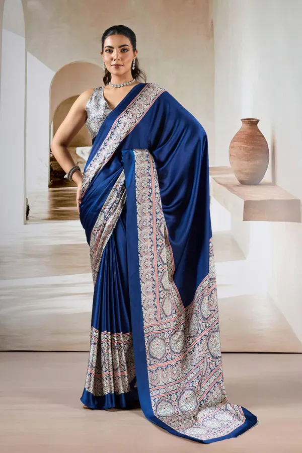 Azure_Blue_Ajrakh_Printed_Satin_Crepe_Silk_Saree