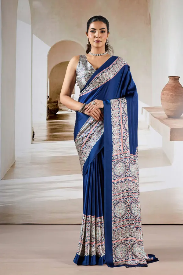 Azure_Blue_Ajrakh_Printed_Satin_Crepe_Silk_Saree