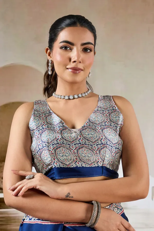Azure_Blue_Ajrakh_Printed_Satin_Crepe_Silk_Saree