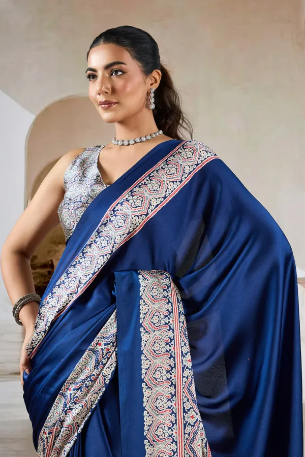 Azure_Blue_Ajrakh_Printed_Satin_Crepe_Silk_Saree