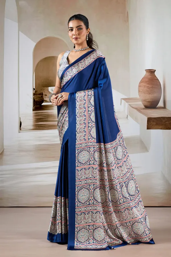 Azure_Blue_Ajrakh_Printed_Satin_Crepe_Silk_Saree