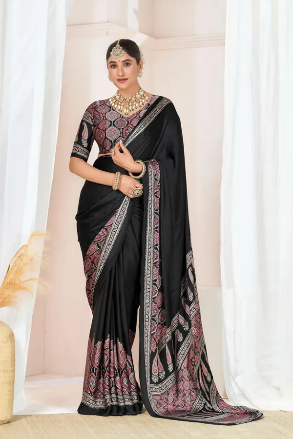 Black_Ajrakh_Printed_Modal_Silk_Plain_Saree_With_Ajrakh_Blouse