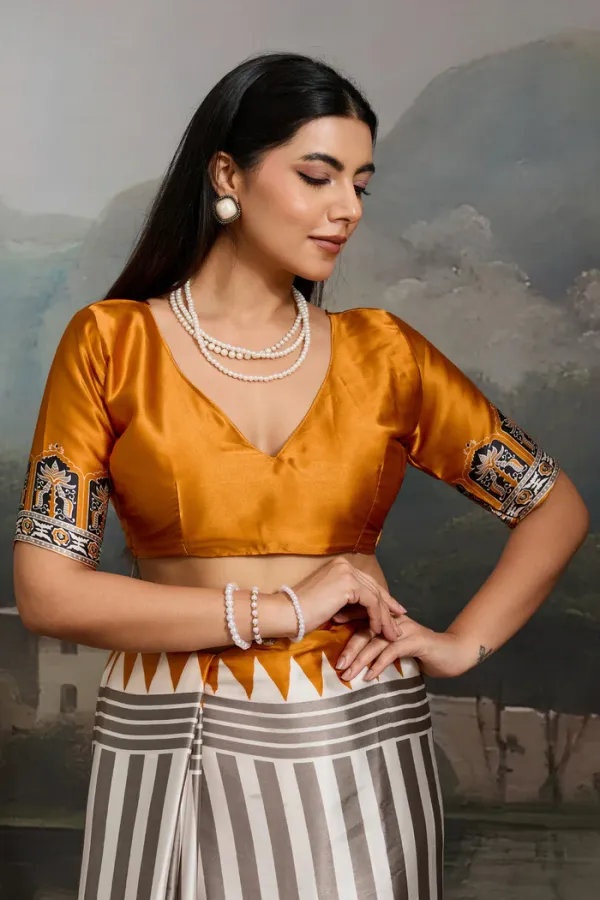 White_And_Yellow_Ajrakh_Printed_Satin_Crepe_Silk_Saree_For_Women