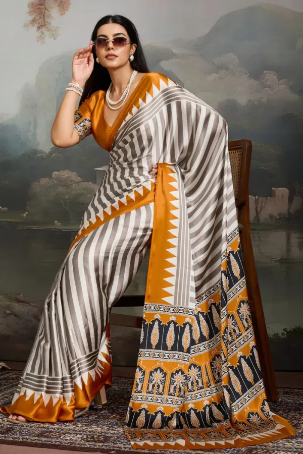 White_And_Yellow_Ajrakh_Printed_Satin_Crepe_Silk_Saree_For_Women