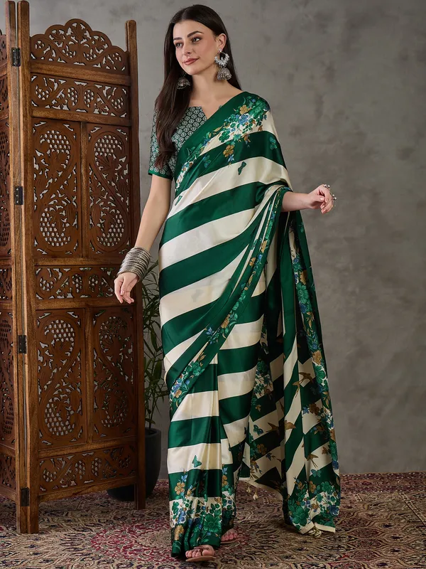 Charming_Dark_Green_Floral__Ajrakh_Printed_Semi_Modal_Silk_Saree_With_Elegant_Blouse_Piece