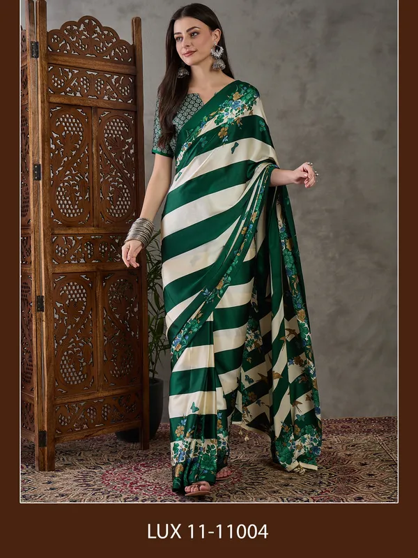 Charming_Dark_Green_Floral__Ajrakh_Printed_Semi_Modal_Silk_Saree_With_Elegant_Blouse_Piece