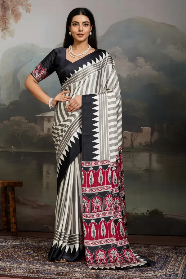 White_And_Black_Cornsilk_Ajrakh_Printed_Satin_Crepe_Silk_Saree_For_Women