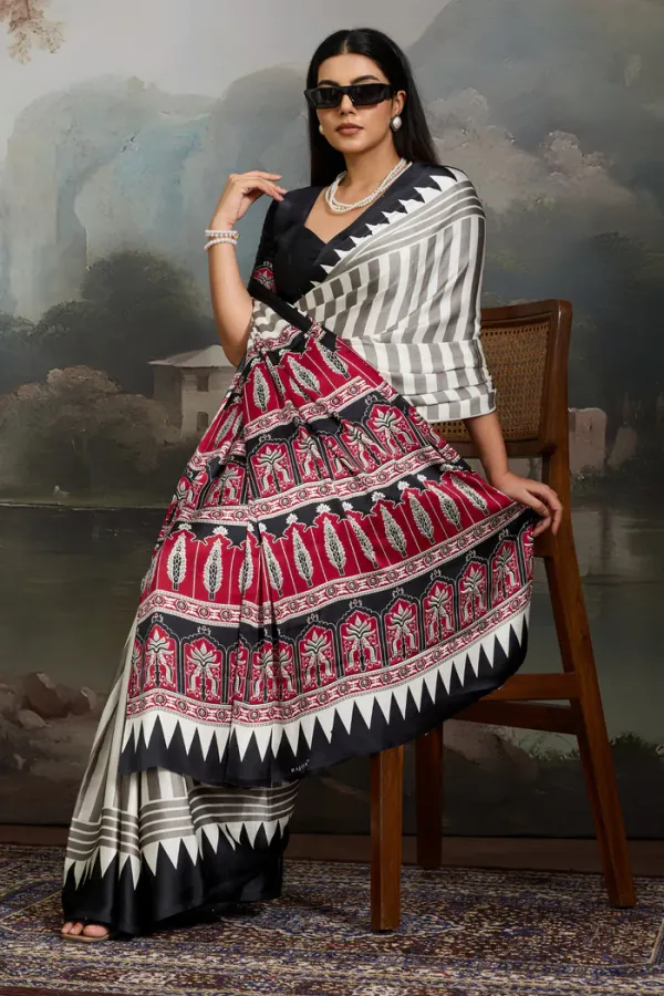 White_And_Black_Cornsilk_Ajrakh_Printed_Satin_Crepe_Silk_Saree_For_Women