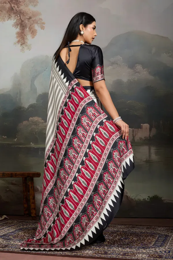 White_And_Black_Cornsilk_Ajrakh_Printed_Satin_Crepe_Silk_Saree_For_Women