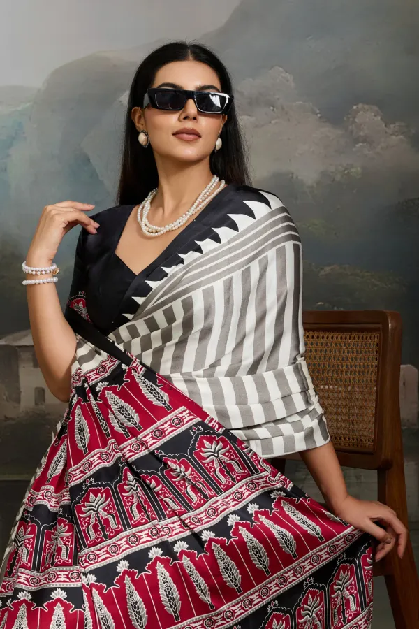 White_And_Black_Cornsilk_Ajrakh_Printed_Satin_Crepe_Silk_Saree_For_Women