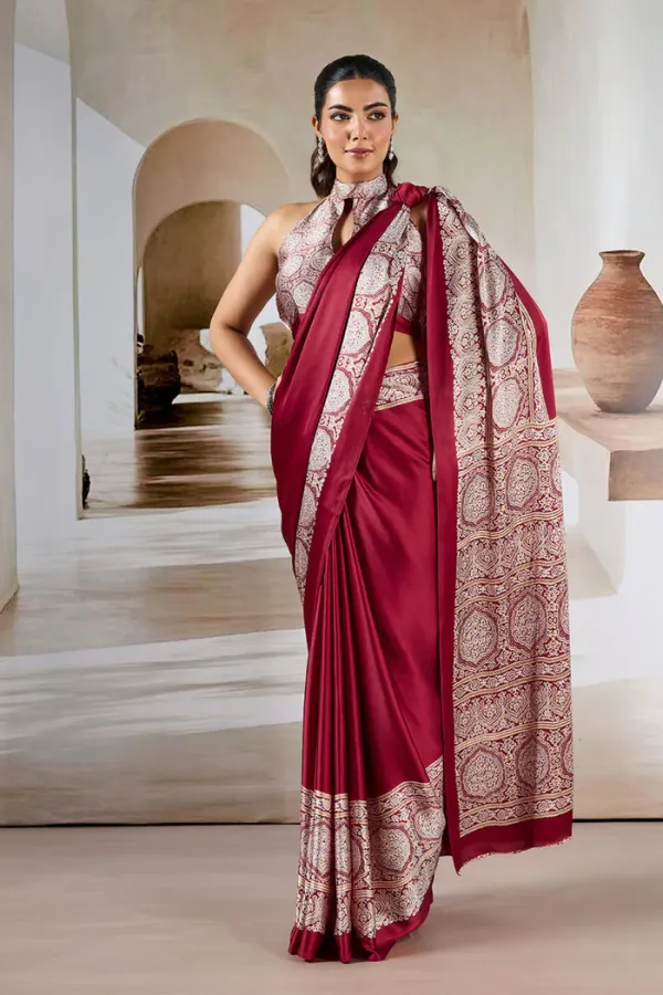 Deep_Cherry_Maroon_Ajrakh_Printed_Satin_Crepe_Silk_Saree