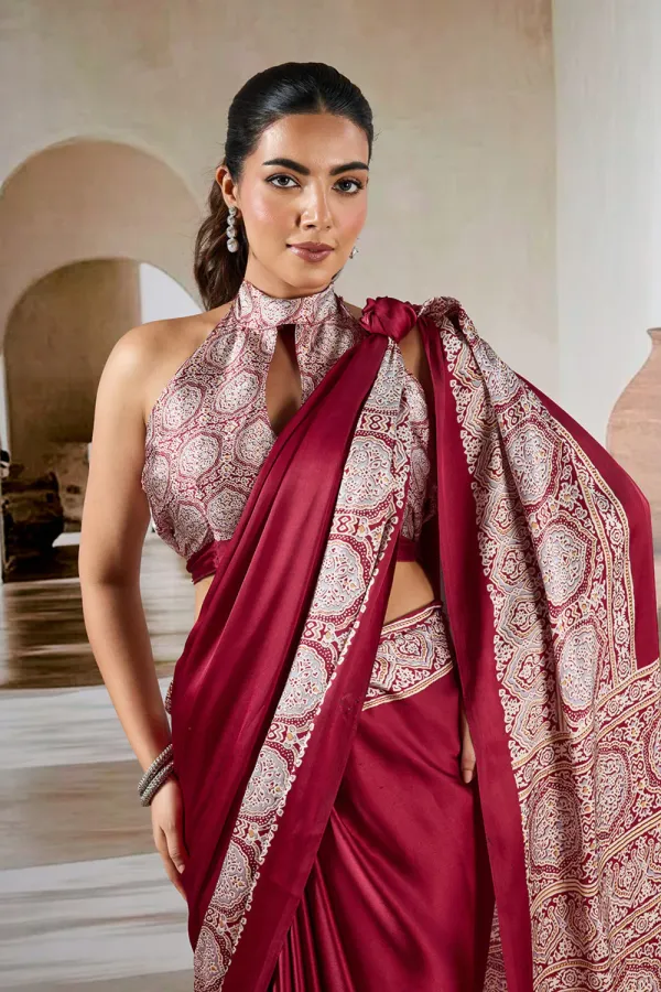 Deep_Cherry_Maroon_Ajrakh_Printed_Satin_Crepe_Silk_Saree