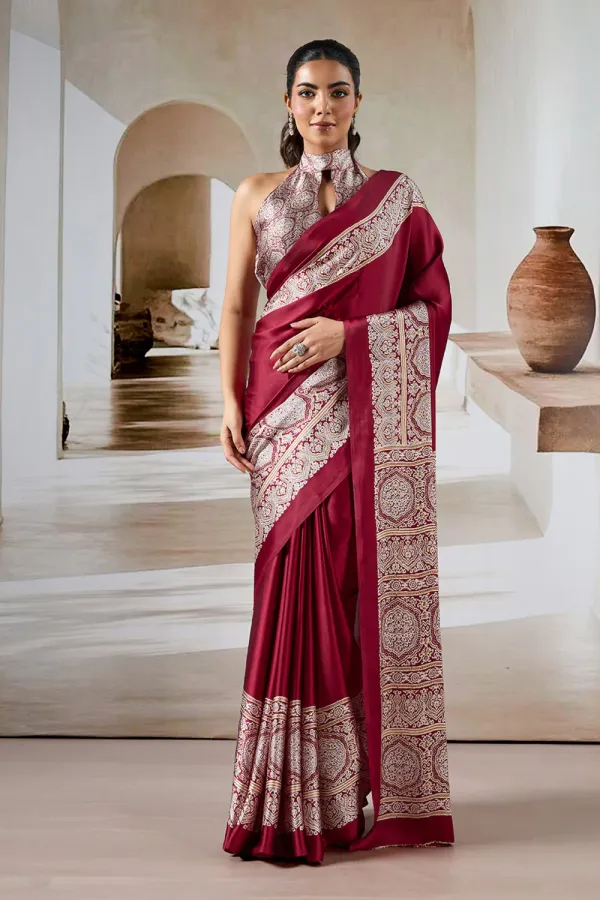 Deep_Cherry_Maroon_Ajrakh_Printed_Satin_Crepe_Silk_Saree