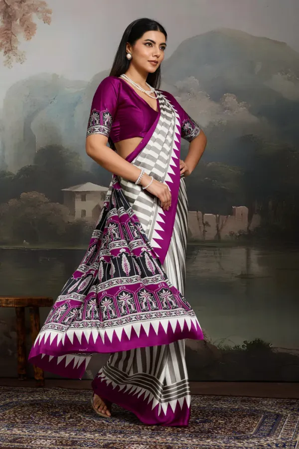 White_And_Purple_Dutch_Ajrakh_Printed_Satin_Crepe_Silk_Saree_For_Women