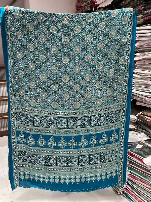 Eloquence_Rama_Ajrakh_Real_Mirror_Modal_Silk_Saree_With_Blouse_