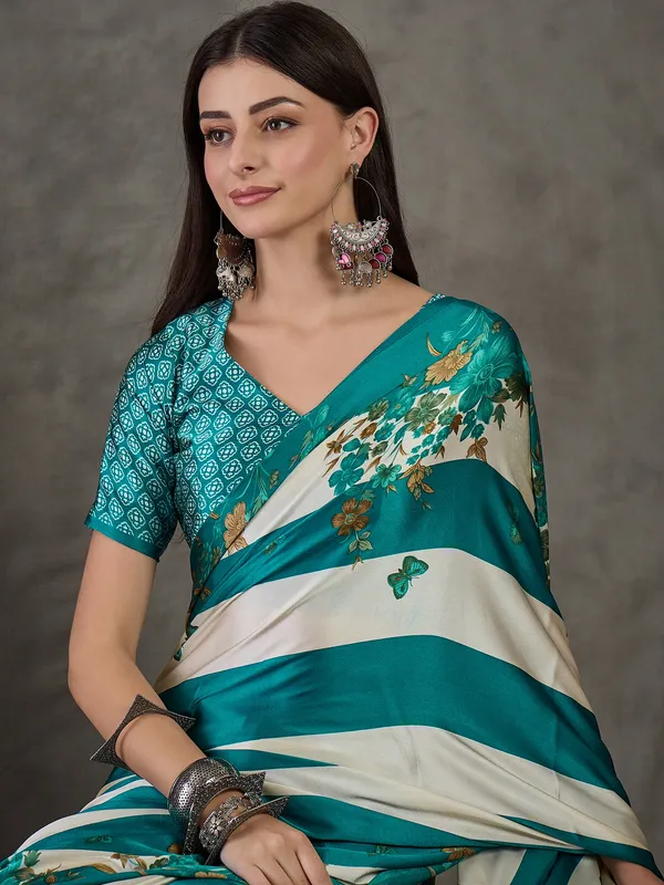 Fantabulous_Rama_Floral_Saree_Ajrakh_Printed_Semi_Modal_Silk_Saree_With_Allure_Blouse_Piece