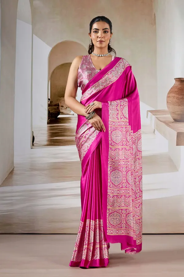 Flower_Bloom_Pink_Ajrakh_Printed_Satin_Crepe_Silk_Saree