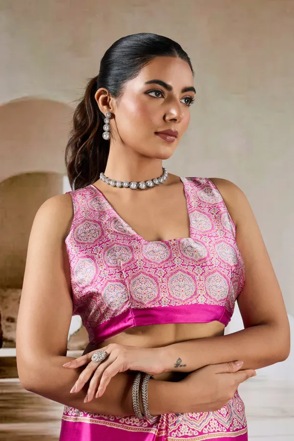 Flower_Bloom_Pink_Ajrakh_Printed_Satin_Crepe_Silk_Saree