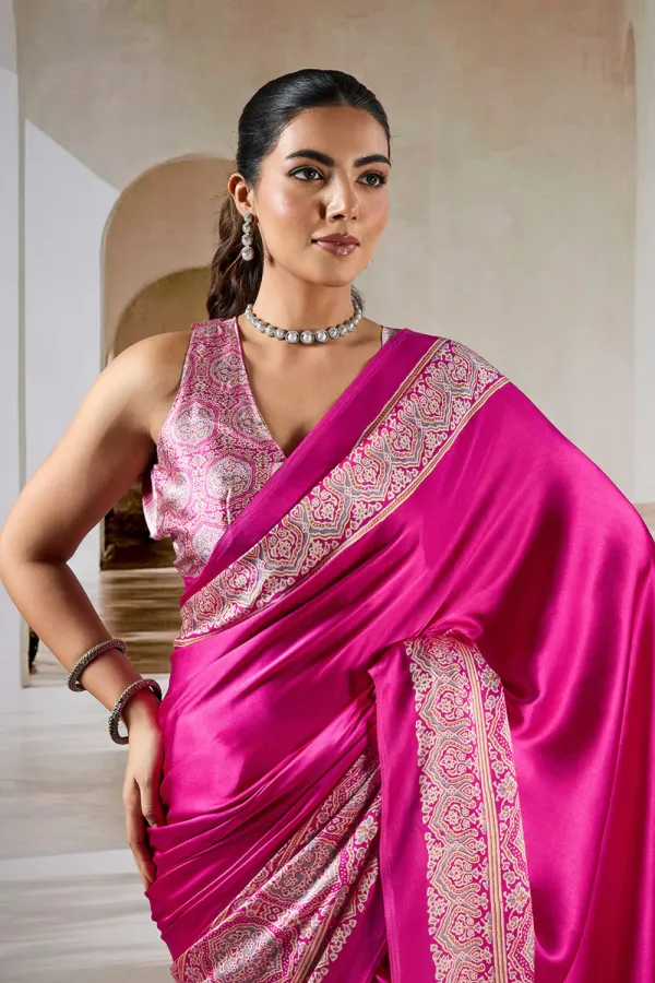 Flower_Bloom_Pink_Ajrakh_Printed_Satin_Crepe_Silk_Saree