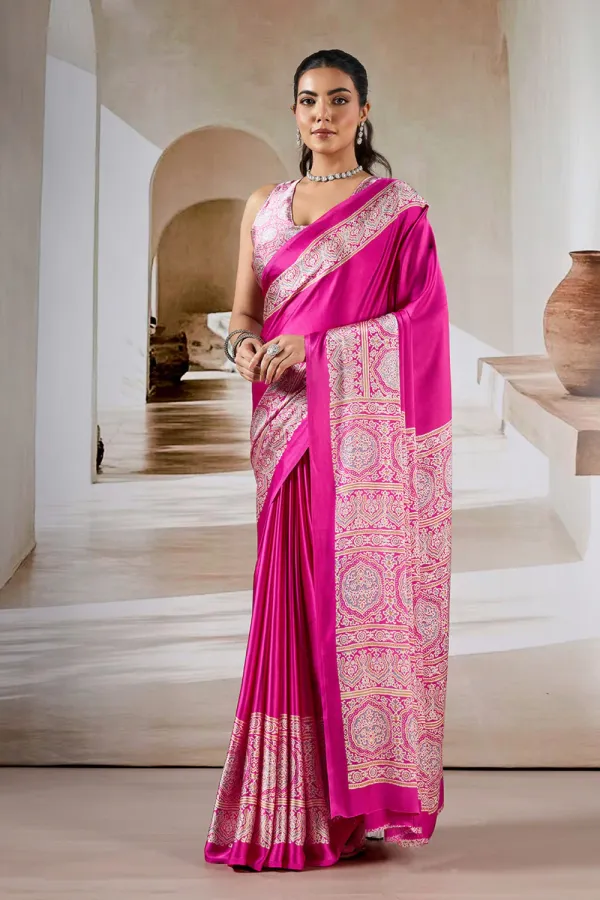 Flower_Bloom_Pink_Ajrakh_Printed_Satin_Crepe_Silk_Saree