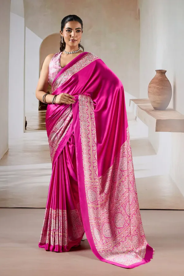 Flower_Bloom_Pink_Ajrakh_Printed_Satin_Crepe_Silk_Saree