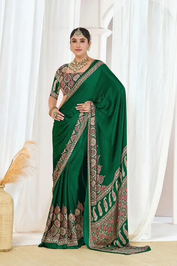 Green_Ajrakh_Printed_Modal_Silk_Plain_Saree_With_Ajrakh_Blous