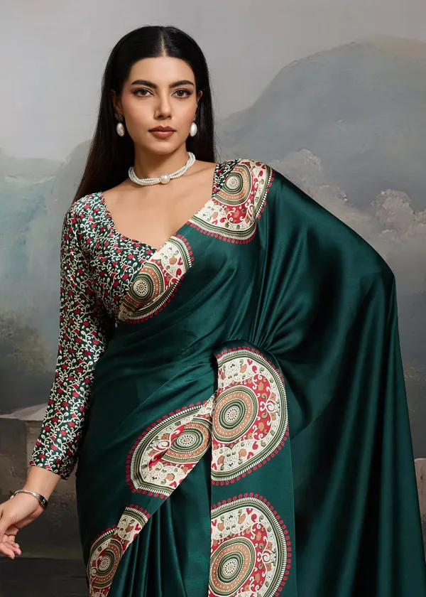 Hunter_Green_Printed_Satin_Silk_Saree