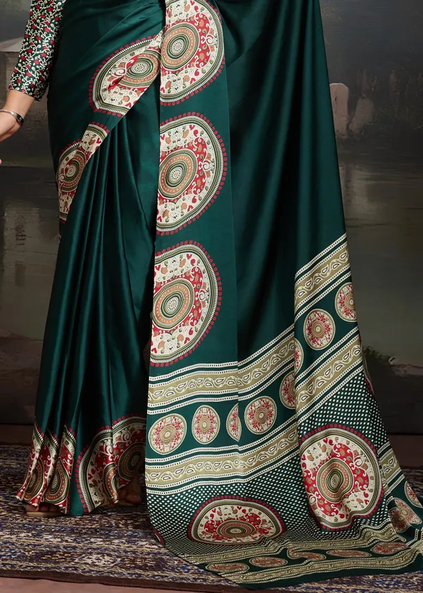 Hunter_Green_Printed_Satin_Silk_Saree