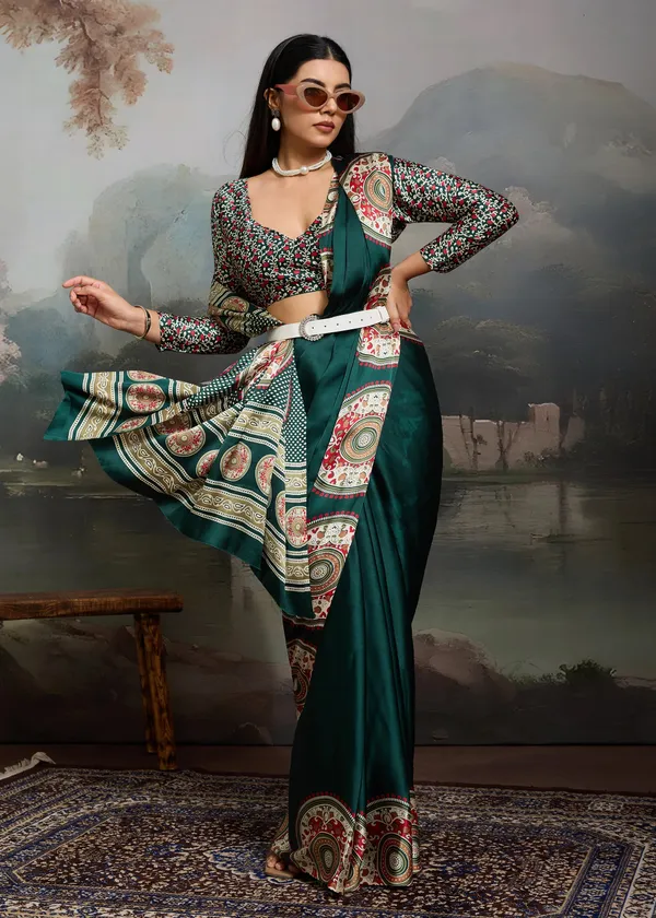 Hunter_Green_Printed_Satin_Silk_Saree