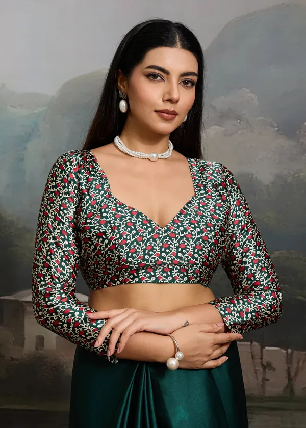 Hunter_Green_Printed_Satin_Silk_Saree