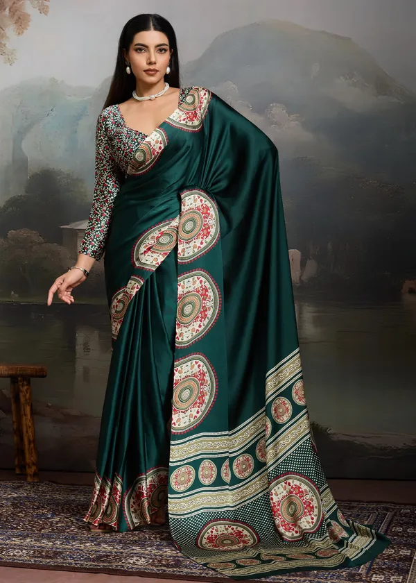 Hunter_Green_Printed_Satin_Silk_Saree