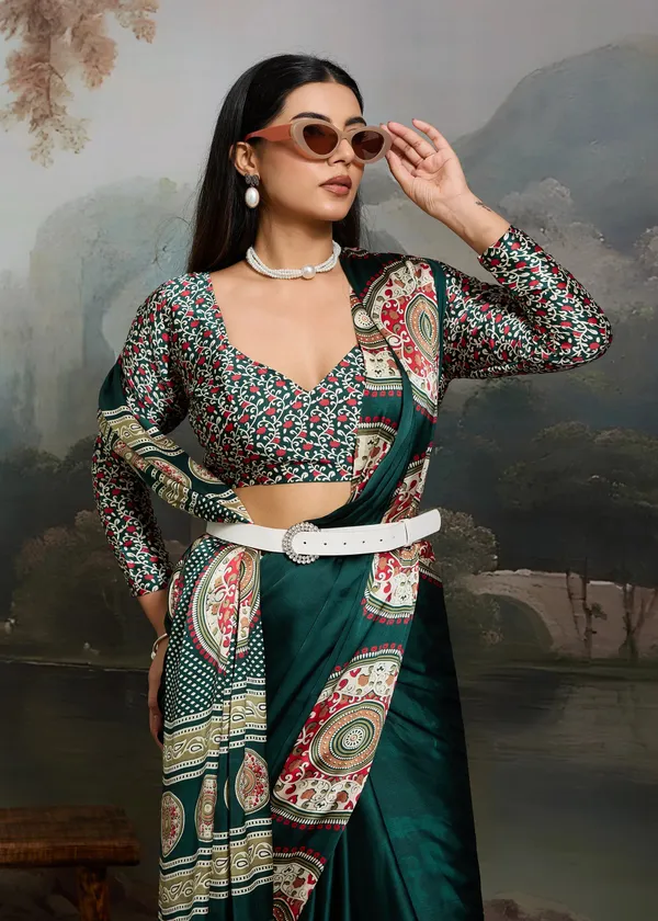 Hunter_Green_Printed_Satin_Silk_Saree
