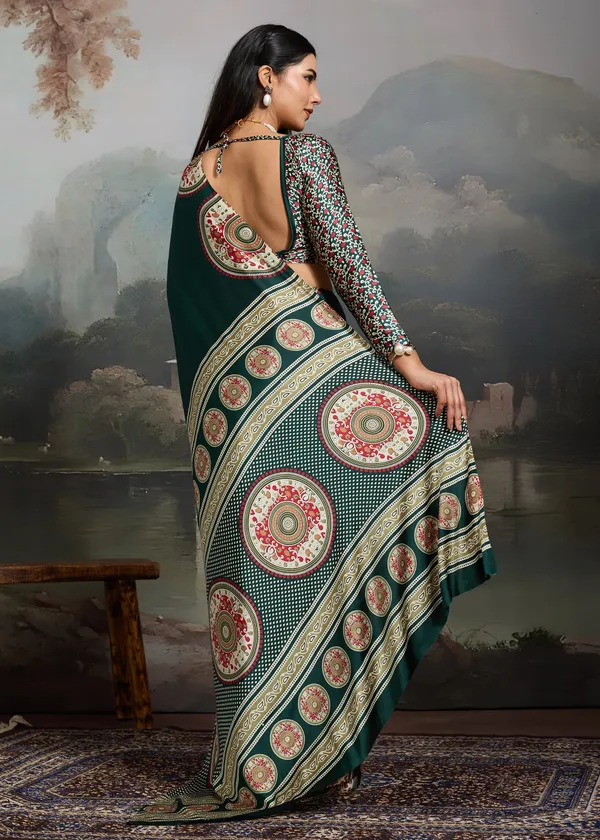 Hunter_Green_Printed_Satin_Silk_Saree