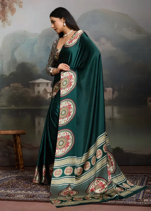 Hunter_Green_Printed_Satin_Silk_Saree